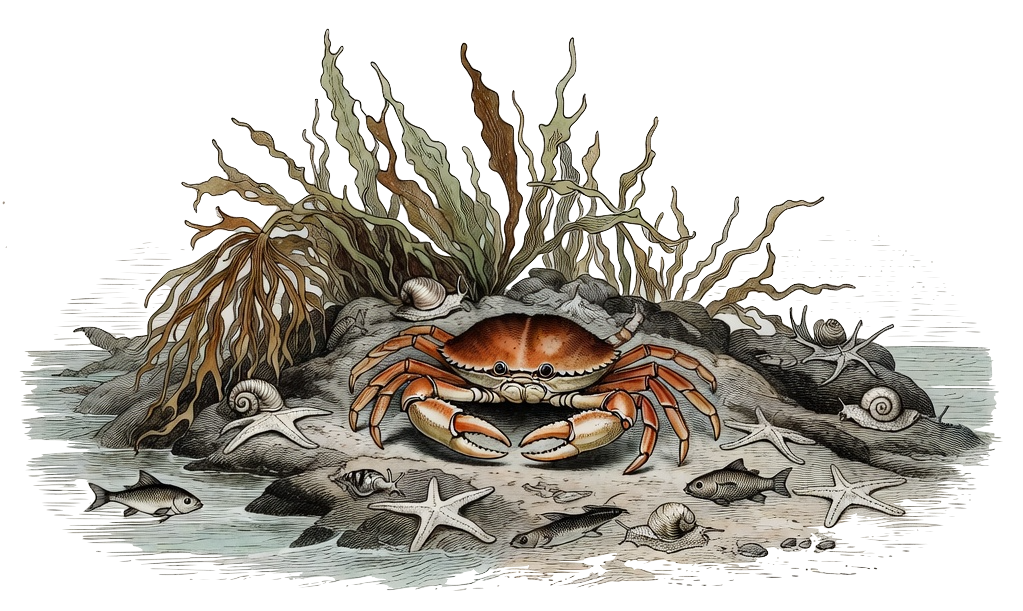 Tidepool illustration — crabs, anemones, and seaweed in a rocky tidepool